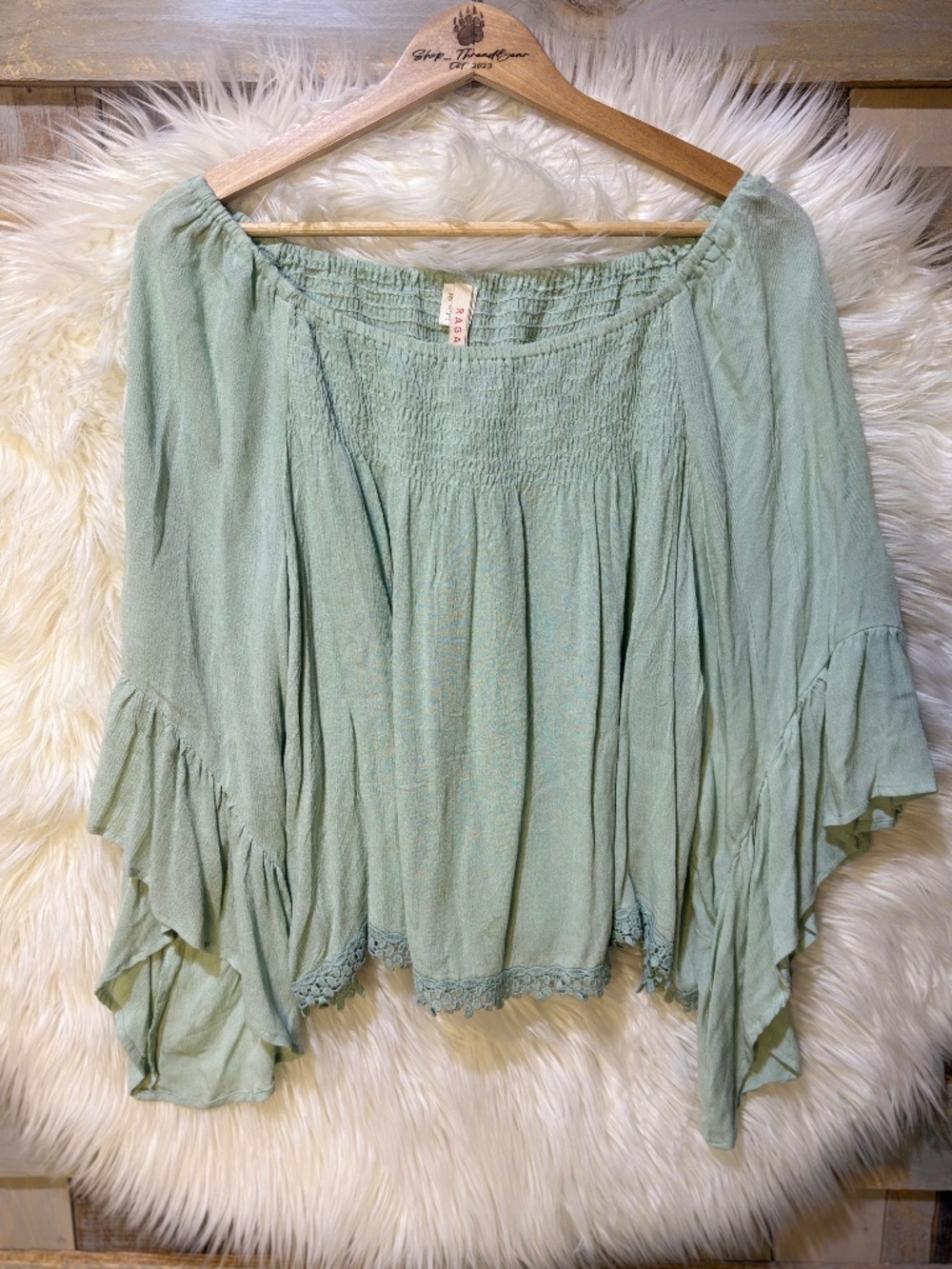 Like New [RAGA · Anthro] Green Smocked Angel Sleeve + Crochet Top | Medium
